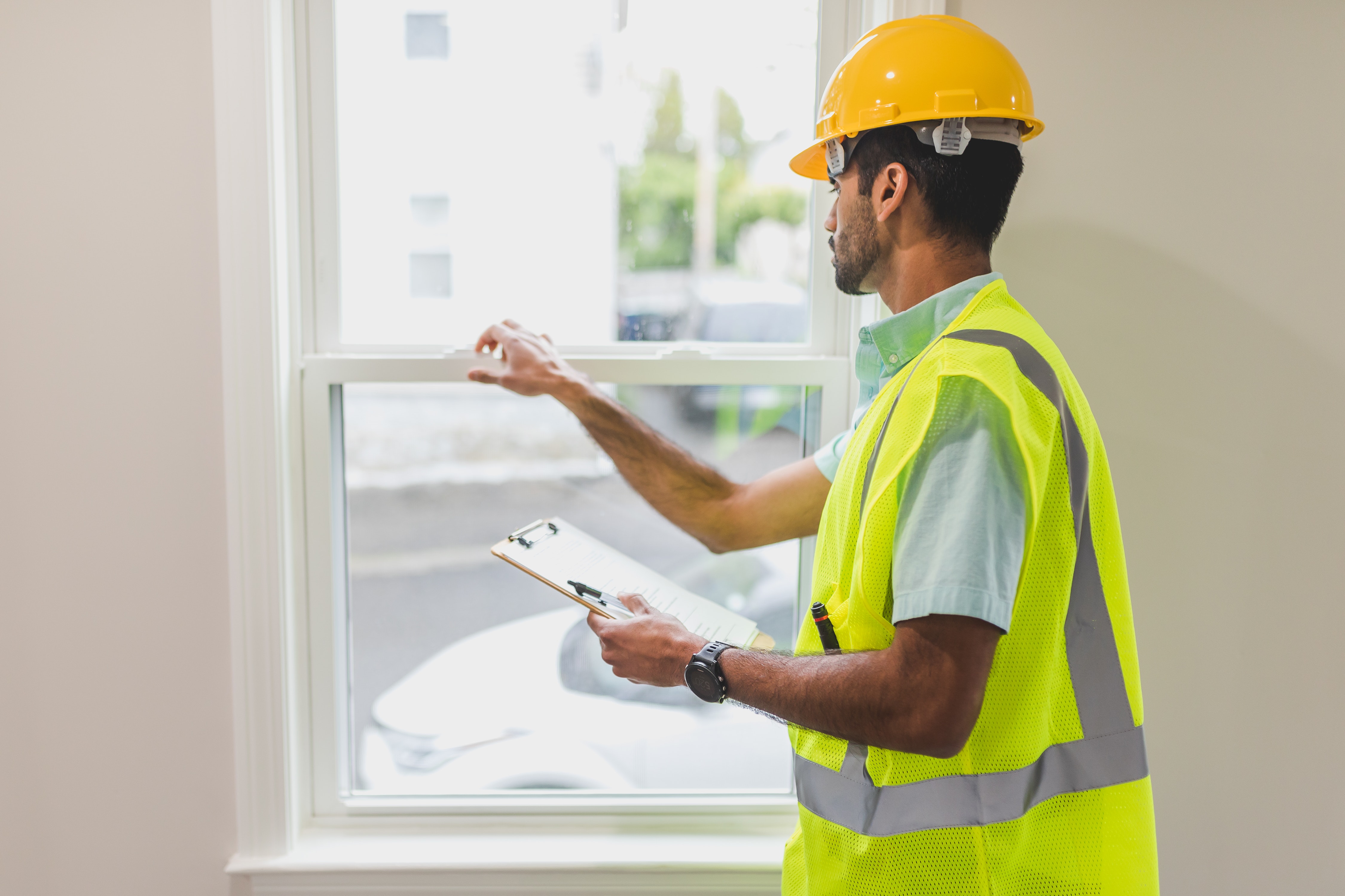 Stock photo featuring installer working on windows inside a home. 